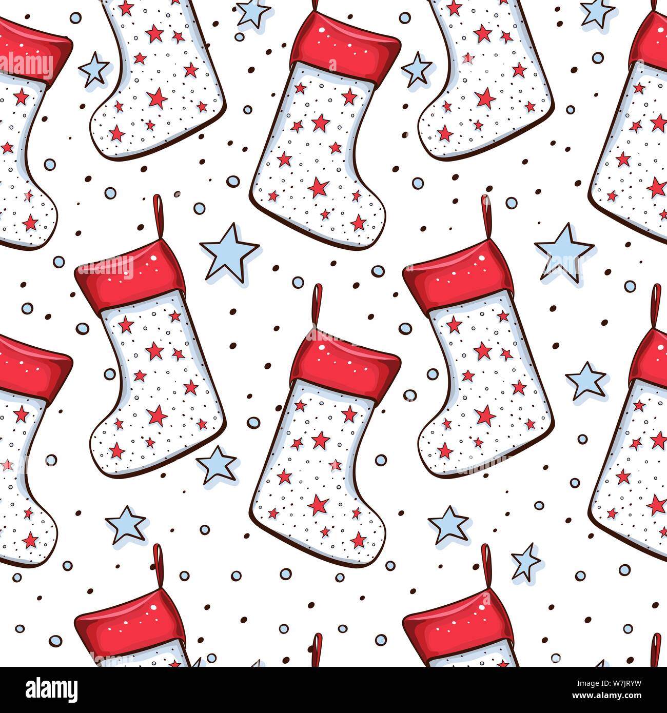 Decorazione di Natale gli elementi di configurazione senza giunture. Tradizionali decorazioni colorate. Calze di Natale e stelle. Patchwork decorativa tessile, carta di invito, sfondo, la carta di avvolgimento riempire Illustrazione Vettoriale