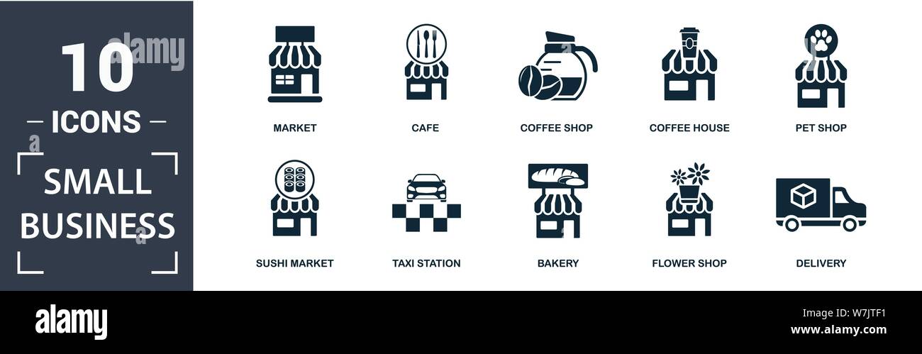 Small Business icon set. Contengono riempito mercato piatto, pet shop, consegna, gelateria, book shop, caffetteria, bar , pizzeria icone. Modificabile Illustrazione Vettoriale