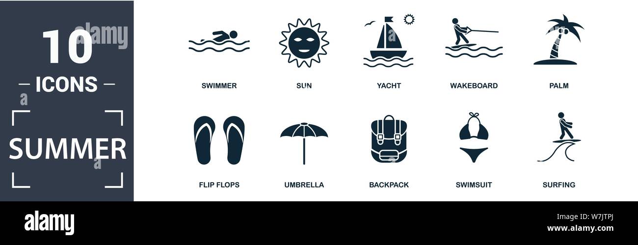 Estate icon set. Contengono riempito flat sun, ombrello, flip-flop, palm, zaino, yacht, nuotatore, wakeboard icone. Formato modificabile Illustrazione Vettoriale