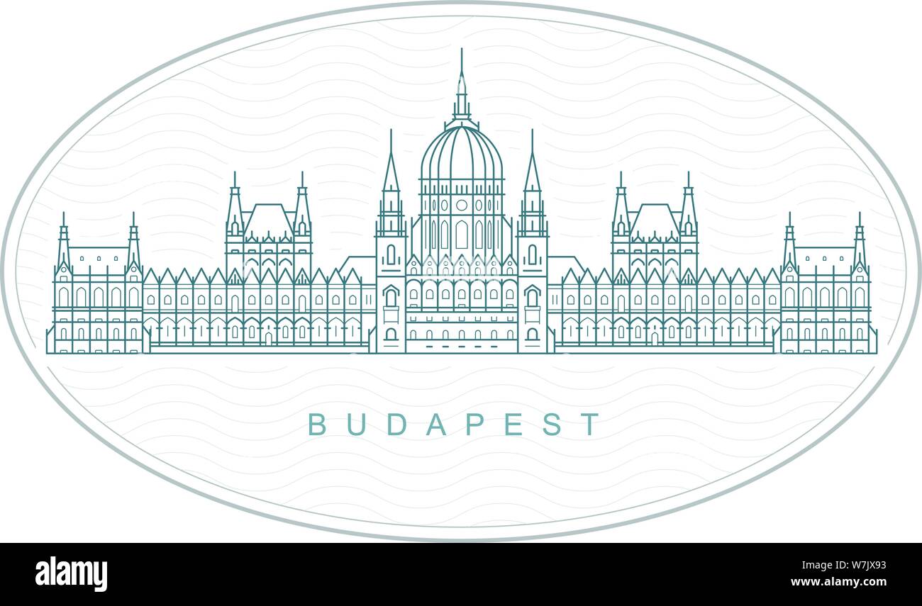 Timbro di Budapest - il parlamento ungherese edificio, monumenti di Budapest emblema Illustrazione Vettoriale