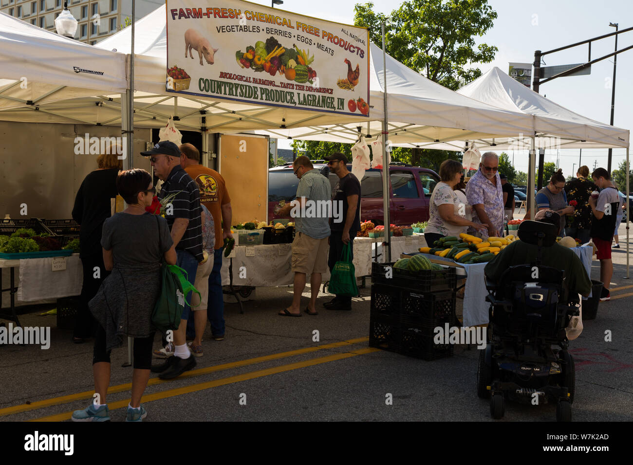 Ai clienti di sfogliare i tutti naturali fattoria fresco prive di sostanze chimiche non-OGM frutta e verdura offerte dalla campagna produrre a Fort Wayne il Mercato degli Agricoltori. Foto Stock