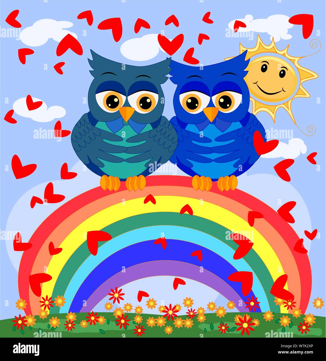 Due blue-eyed, Owl-owl-boys sedersi sull'arcobaleno tra i cuori, l'amore è nell'aria. Concetto di omosessuali amore maschio, cartolina Illustrazione Vettoriale