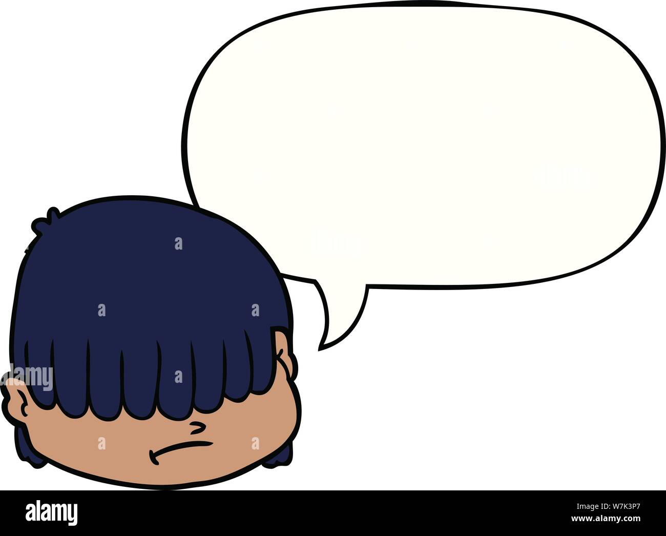 Cartoon faccia con capelli sopra gli occhi con discorso bolla Illustrazione Vettoriale