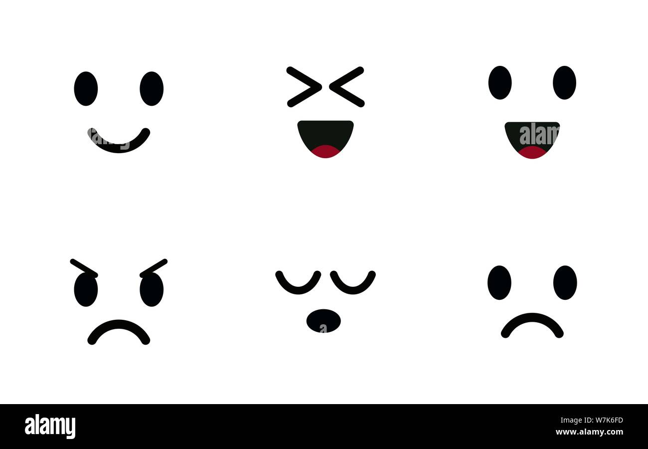 Gli Emoji icon set. Facce di caratteri, cute emoticon, simboli dell'umore. Sorridono felici, gioioso, triste e volto arrabbiato. Isolato illustrazione vettoriale su bianco Illustrazione Vettoriale