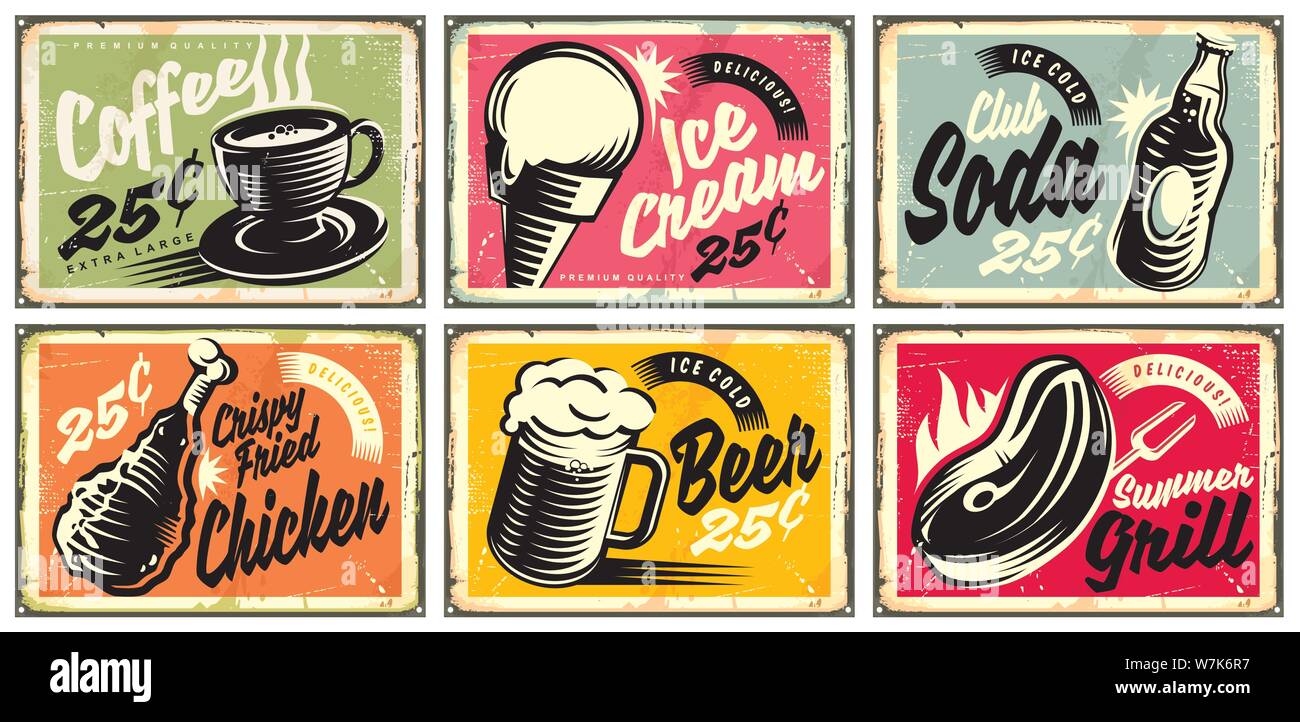Cibo e bevande ristorante vintage segni collezione. Gruppo di messaggi pubblicitari retrò per caffè, birra, gelato, club soda, grill e il pollo fritto. Illustrazione Vettoriale