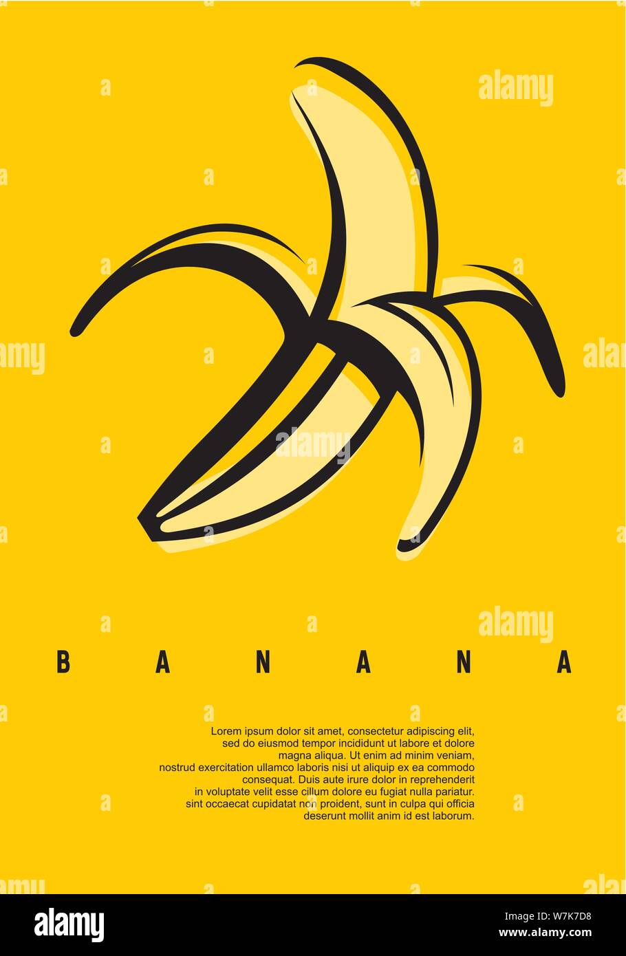 Banana minimo piatto semplice concetto di design. Poster artistico di uno dei più popolari di frutti tropicali. Illustrazione Vettoriale su sfondo giallo. Illustrazione Vettoriale