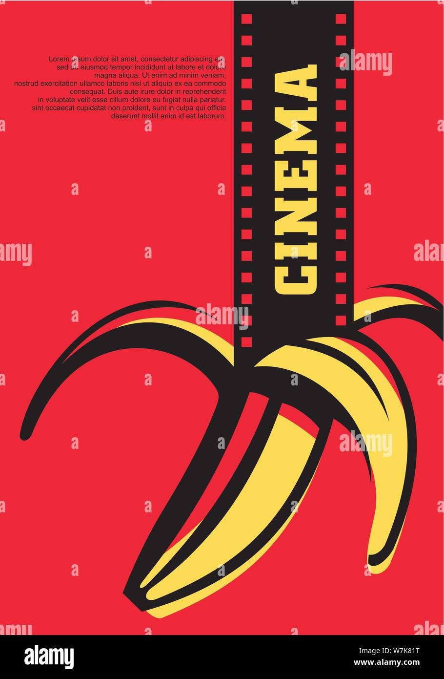 Open air cinema concetto artistico per il festival del cinema con la striscia del film e banana. La Pop art style flyer design. Illustrazione Vettoriale. Illustrazione Vettoriale