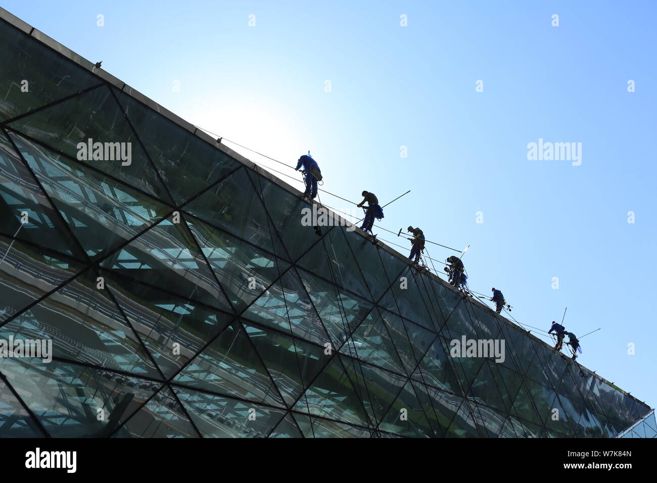 Cinese i lavoratori migranti a penzolare da corde per pulire i 25.000 metri quadrati di parete esterna della Shengjing Grand Theatre per salutare il prossimo Shenyang Foto Stock