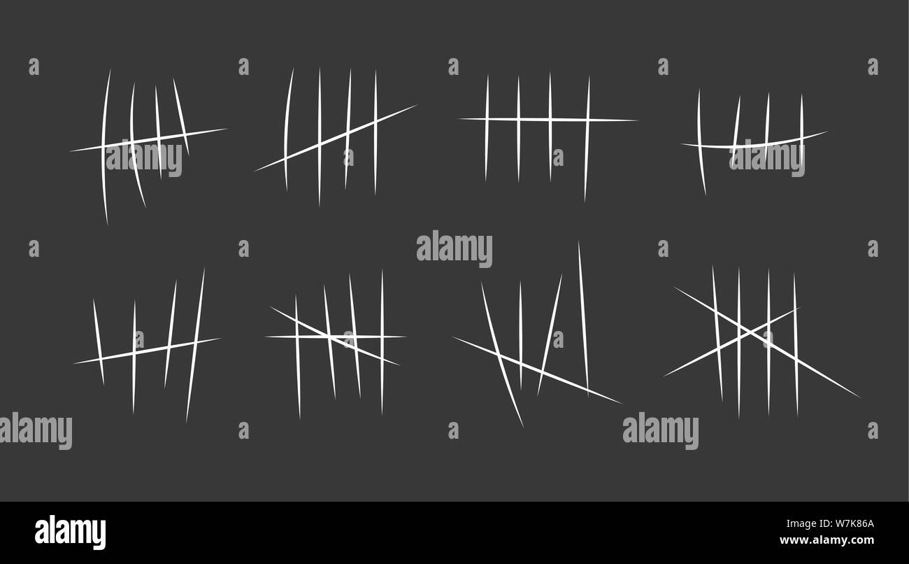 Simboli della prigione, carcere marchi tally. Mano Le linee tracciate o bastoni, corse ordinati per quattro e barrato. Illustrazione Vettoriale. Illustrazione Vettoriale