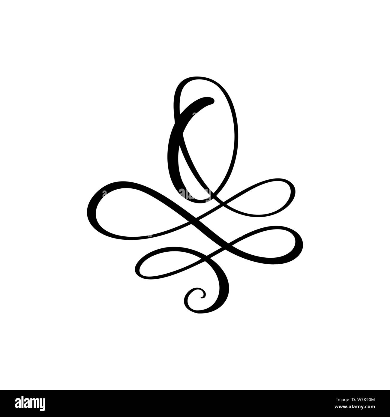 Vettore mano disegnata calligrafia numero floreale 0 monogramma o logo. Scritta a mano numero zero con rotazioni e ricci. Design floreale per matrimoni Illustrazione Vettoriale