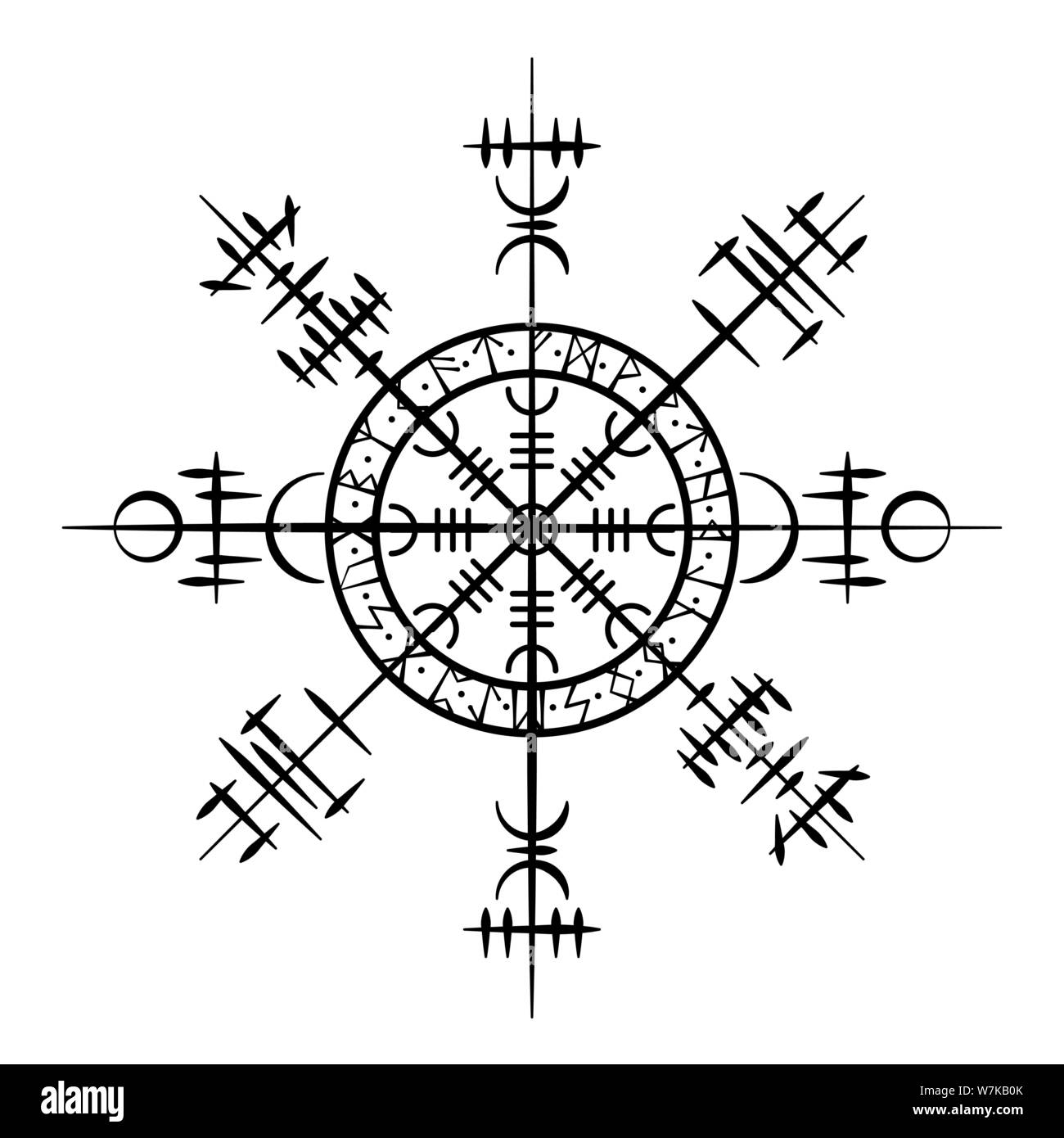 Nero Cerchio grunge con il bianco scandinavo simboli viking Illustrazione Vettoriale