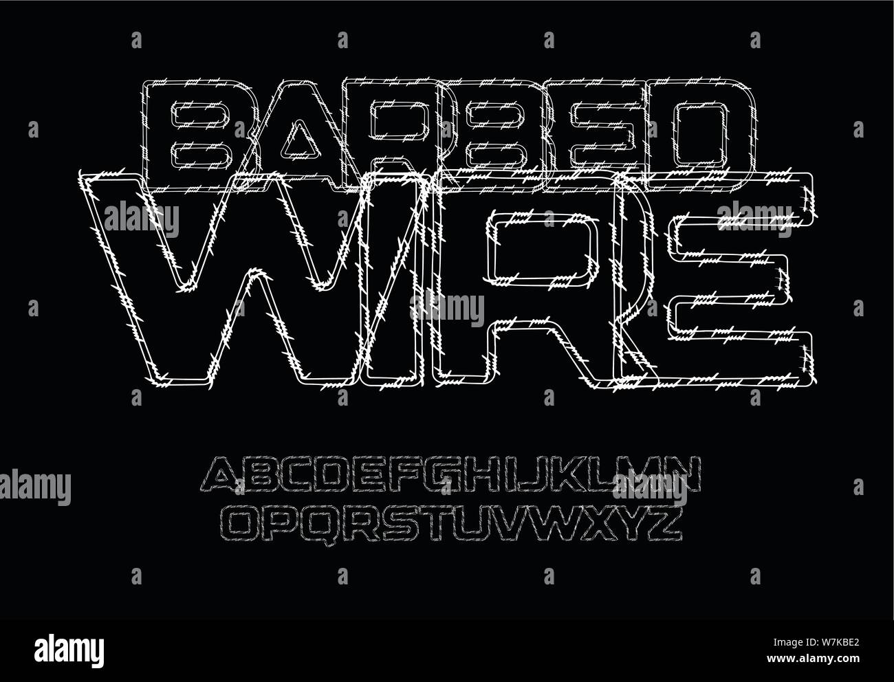 Filo spinato lettere e numeri impostati. Sottili linee di contorno, vettore di stile alfabeto latino. Font per eventi, promozioni, logo, banner, monogramma e poster Illustrazione Vettoriale