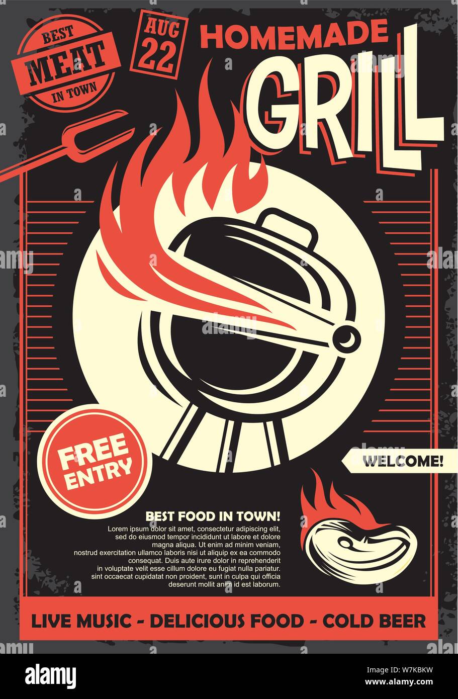 Grill party invito artistiche poster o il modello di progettazione. Barbecue cibo retrò flyer idea con barbecue e carne sul fuoco. Illustrazione Vettoriale