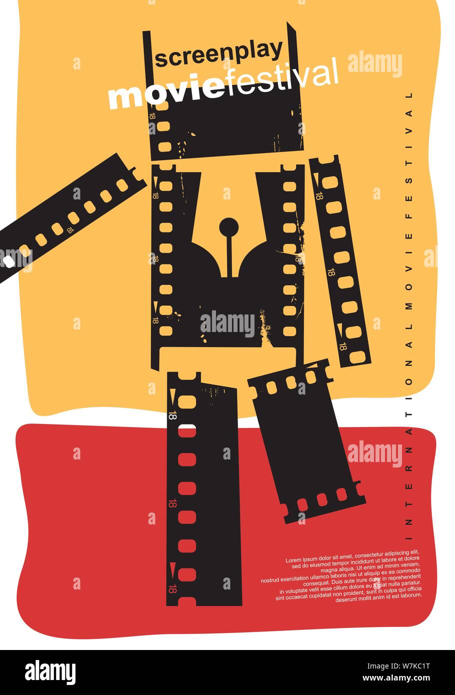 Sceneggiatura film festival abstract poster design. Artistico concetto flyer per evento cinematografico con la figura fatta da strisce di pellicola. Cinema illustrazione vettoriale. Illustrazione Vettoriale