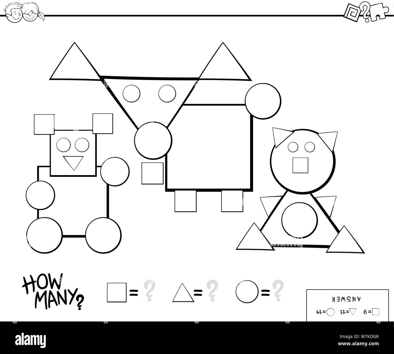 Bianco e Nero Cartoon illustrazione di educativo Forme di conteggio gioco per bambini Libro di colore Illustrazione Vettoriale