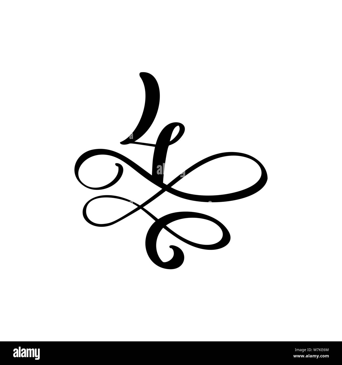 Vettore calligrafico floreale numero 4 monogramma o logo. Scritta a mano numero quattro con rotolini e ricci. Design floreale per matrimoni Illustrazione Vettoriale