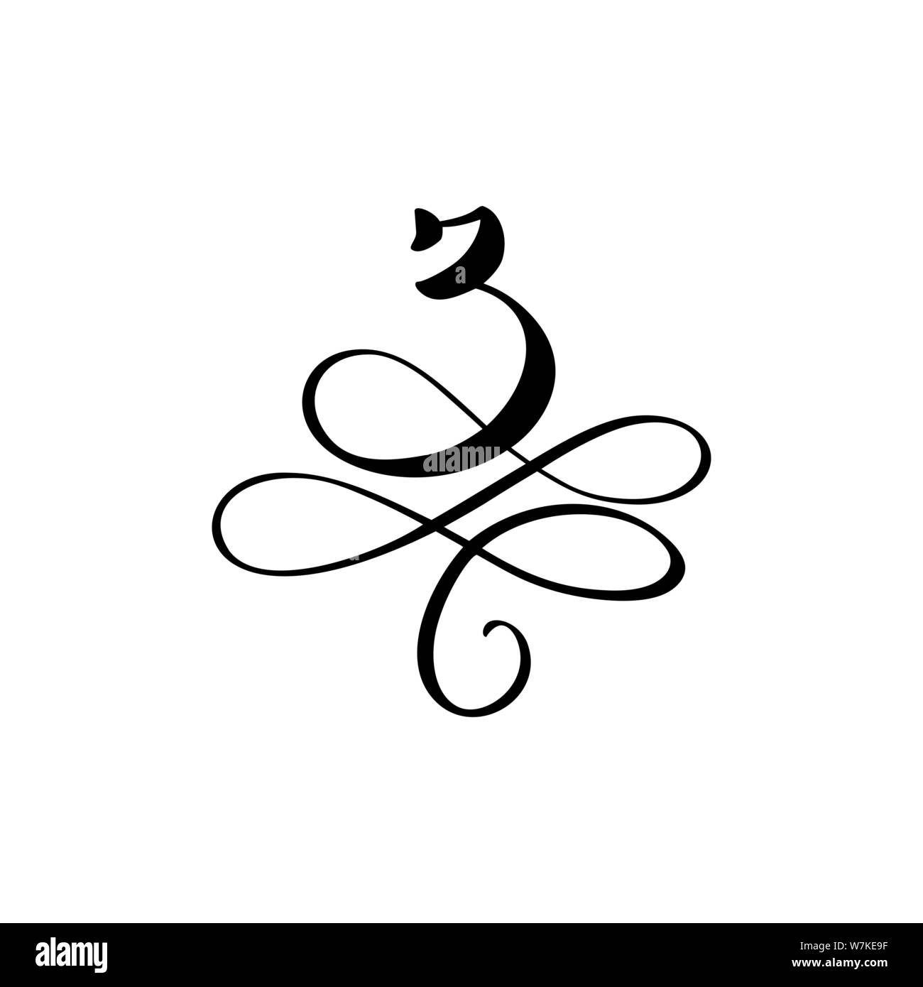 Vettore calligrafico floreale numero 3 monogramma o logo. Scritta a mano numero tre con rotolini e ricci. Design floreale per matrimoni Illustrazione Vettoriale