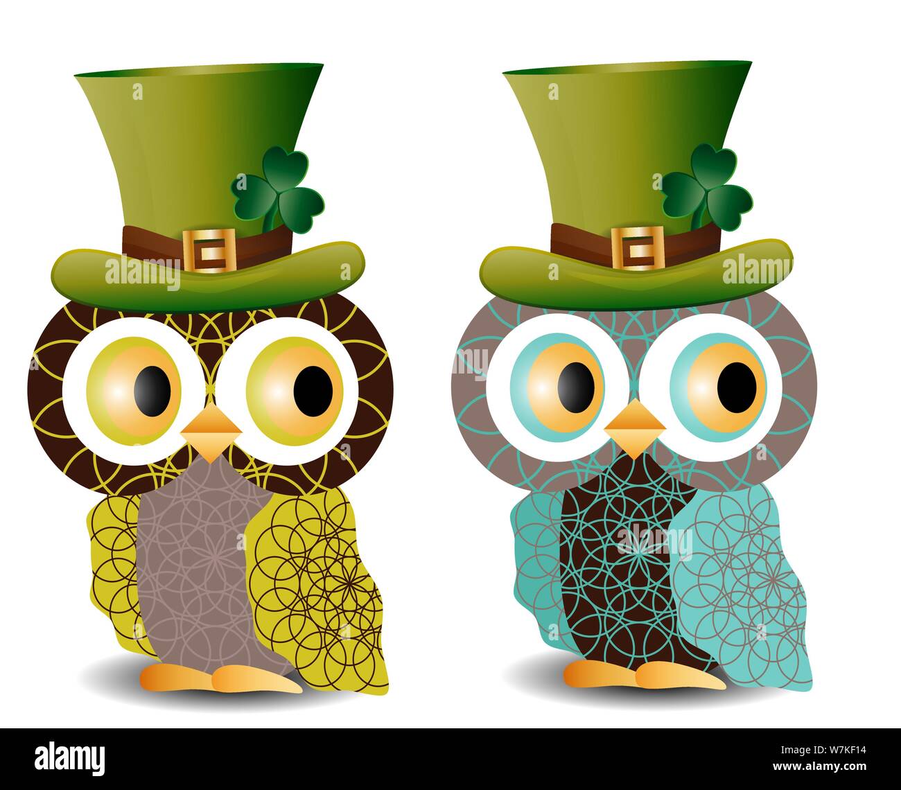 Bella, gufi raffinato con un pattern in un cappello verde con un shamrock per il giorno di San Patrizio Illustrazione Vettoriale