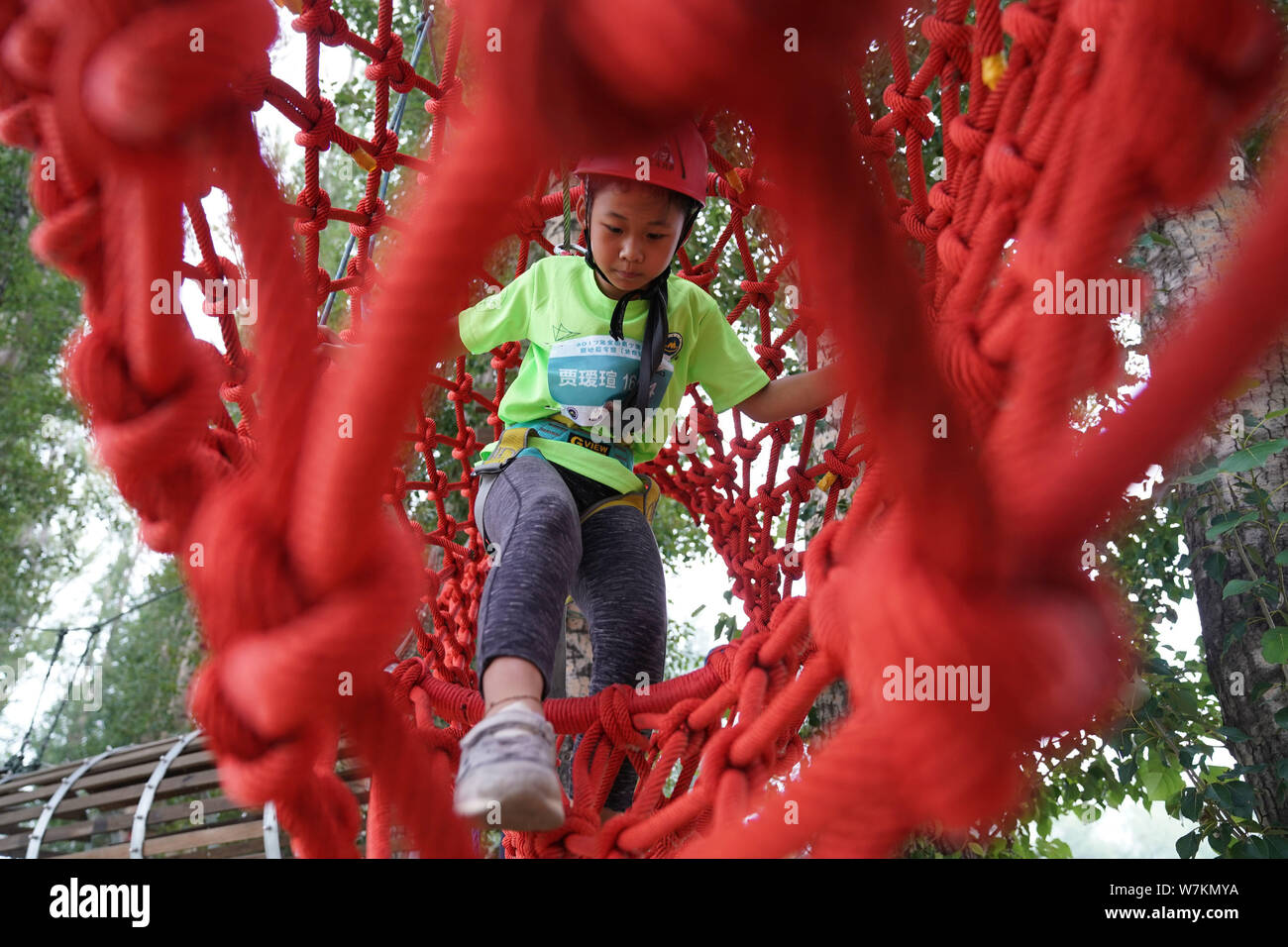 Ragazza cinese Jia Aixuan, 9, vince la paura delle altezze e porta a termine la sua avventura nel corso boschi durante un training camp nel distretto di Yanqing, Beij Foto Stock