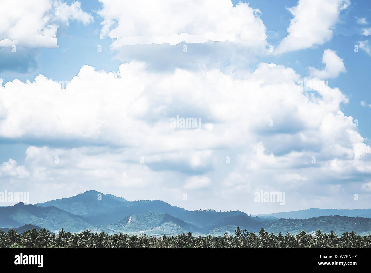 Bellissima alba al di sopra della gamma della montagna. Coconut Palm tree scenario .la foresta tropicale natura al sud della Thailandia Foto Stock