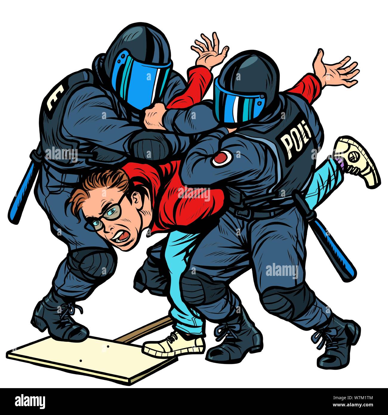La polizia di trattenere un manifestante, la violenza contro l'opposizione. La Pop art vettore retrò Illustrator vintage kitsch disegno Illustrazione Vettoriale