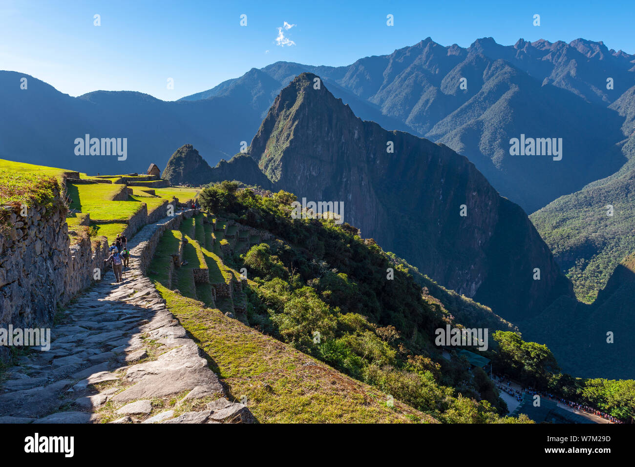 I turisti escursionismo l'ultimo tratto del cammino Inca tra la Porta del Sole (intipunku) e la guardiola, Machu Picchu rovina inca, Provincia di Cusco, Perù. Foto Stock