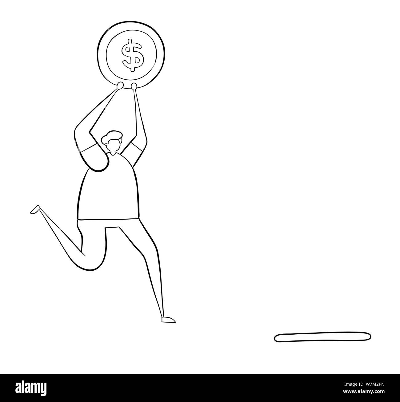 L'uomo porta il denaro e corre a lanciarlo nel salvadanaio foro. Contorni neri e bianchi. Illustrazione Vettoriale