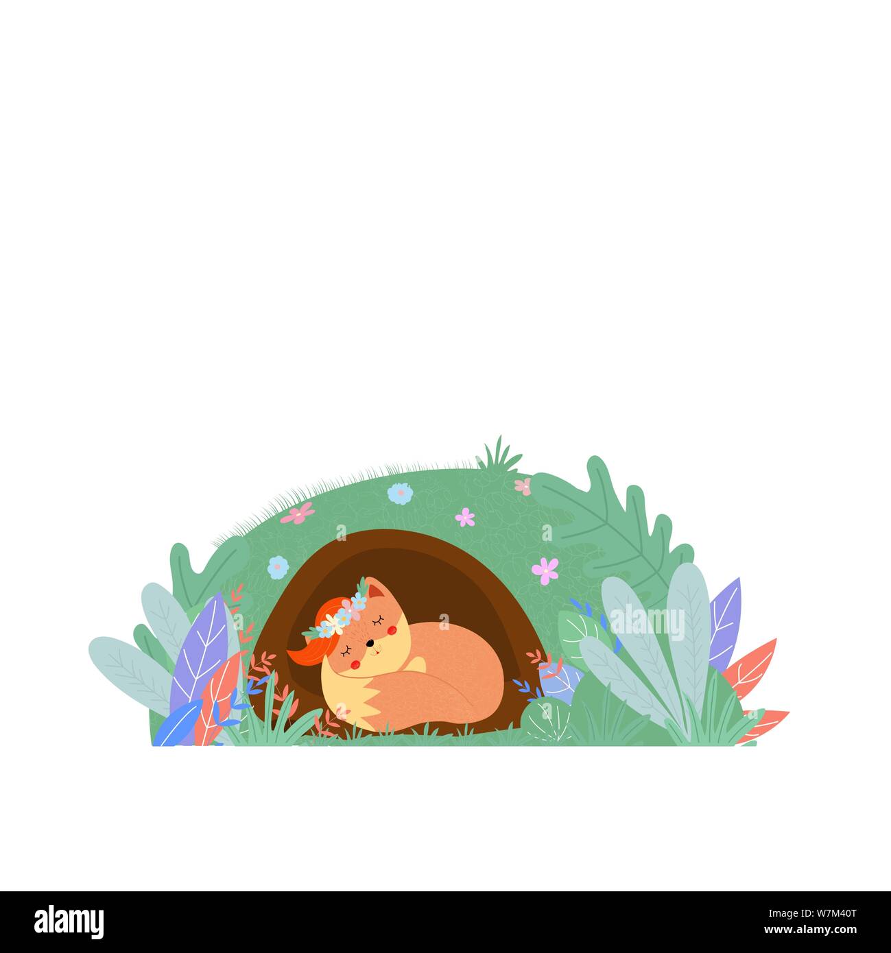 Carino fox nella corona dormire in foxhole isolato Illustrazione Vettoriale