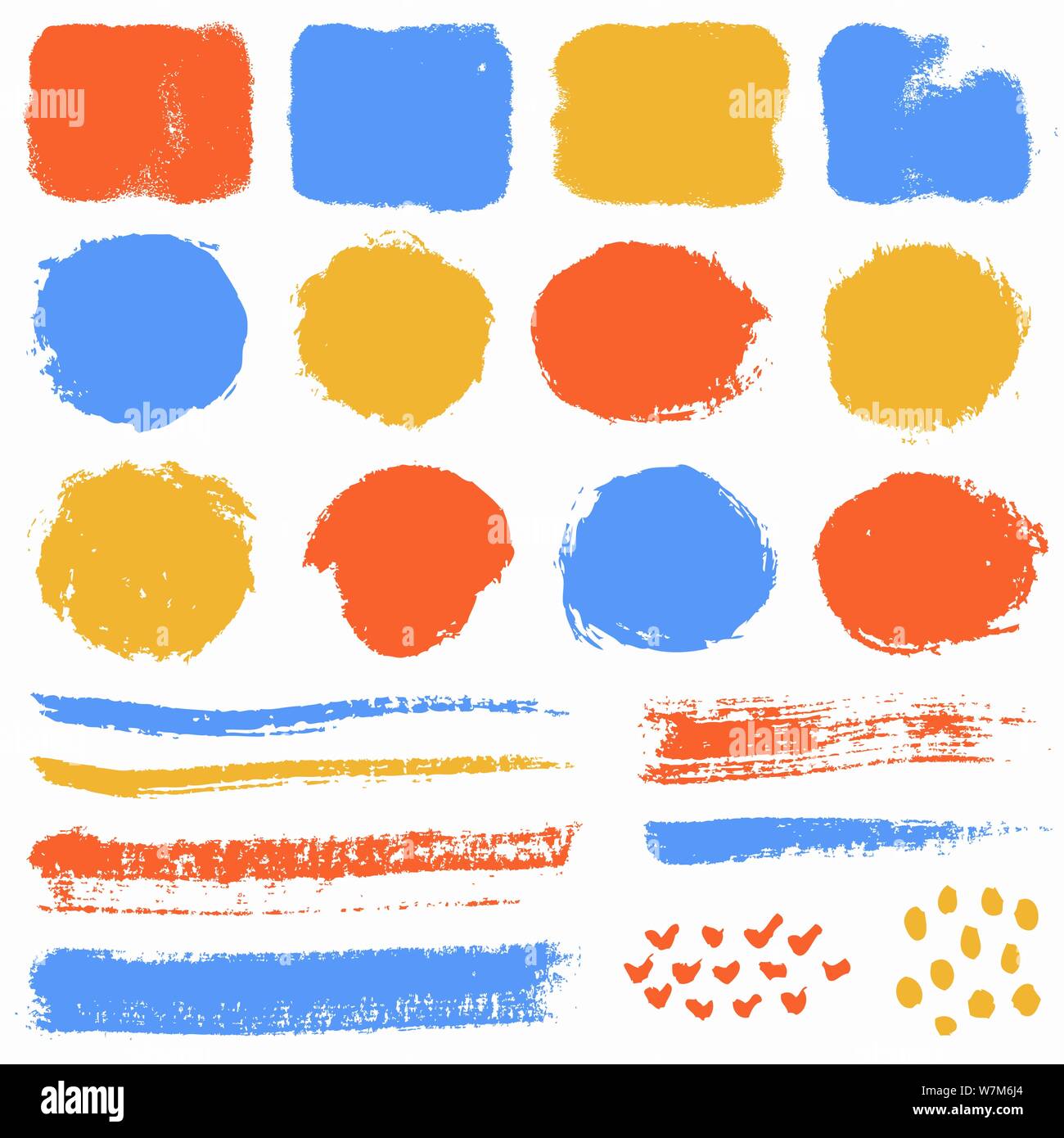 Dipingere i tratti di pennello e grunge macchie isolate su sfondo bianco. Vettore colorati gli elementi di design per il pennello texture, telaio, sfondo, banner. Illustrazione Vettoriale