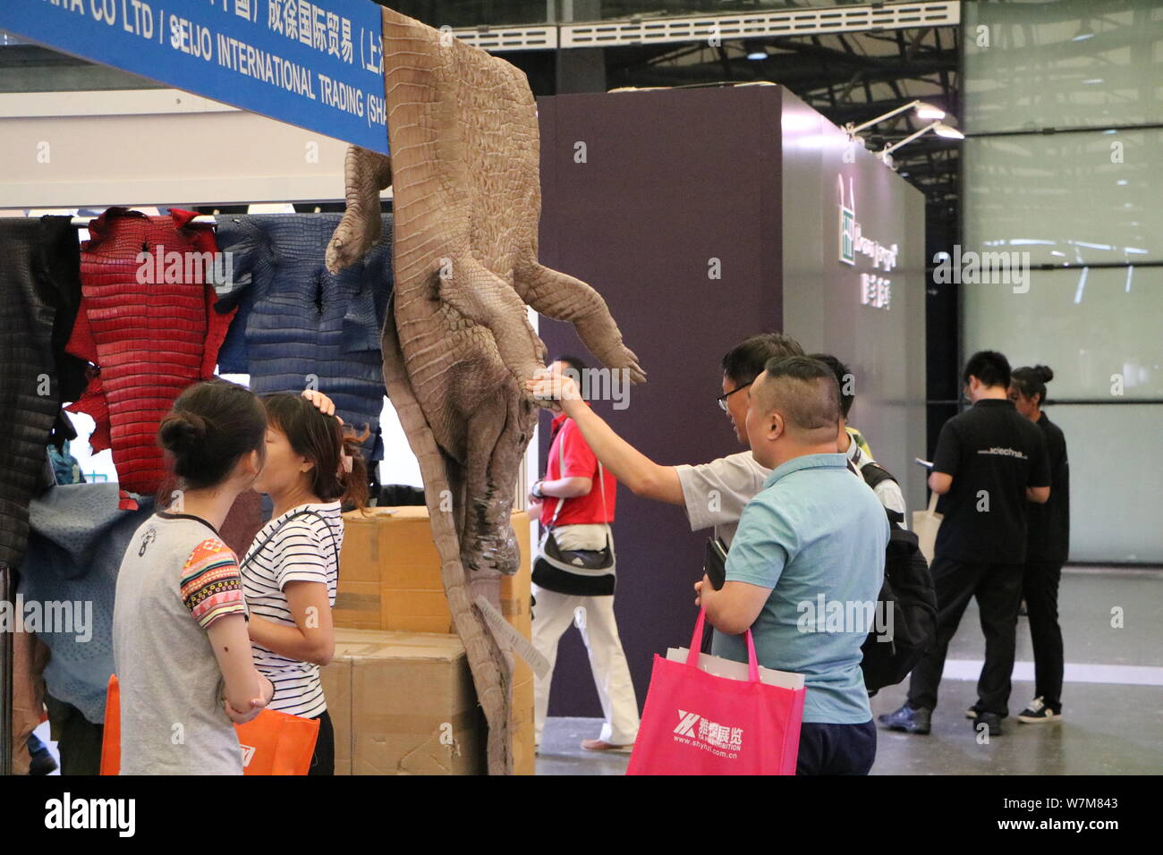 Visitatori guardare tutta una pelle di coccodrillo visualizzato presso lo stand di Narita Co Ltd,/ Seijo International Trading (Shanghai) Co Ltd., durante tutto il mento Foto Stock