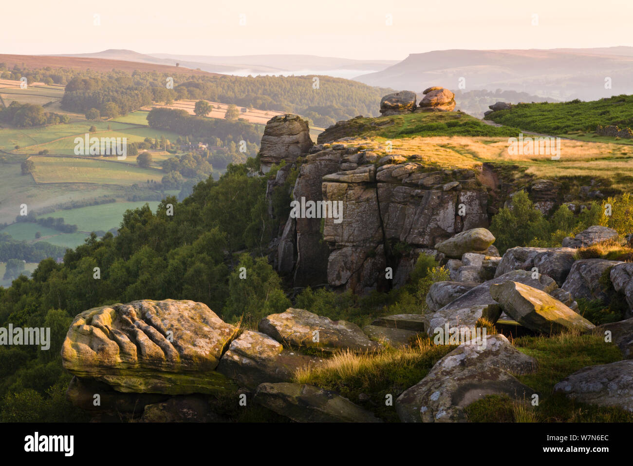 Froggatt Edge, una scarpata gritstone. Parco Nazionale di Peak District, UK, luglio 2009. Foto Stock