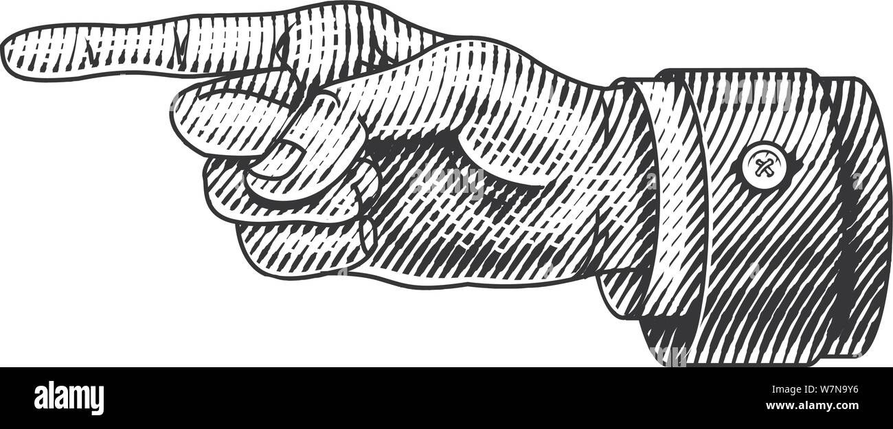 Puntamento mano maschio. Indice inciso dirige. Schizzo in vintage stile retrò. Vicino il gesto del braccio in stile monocromatico. Il concetto di business per il web Illustrazione Vettoriale