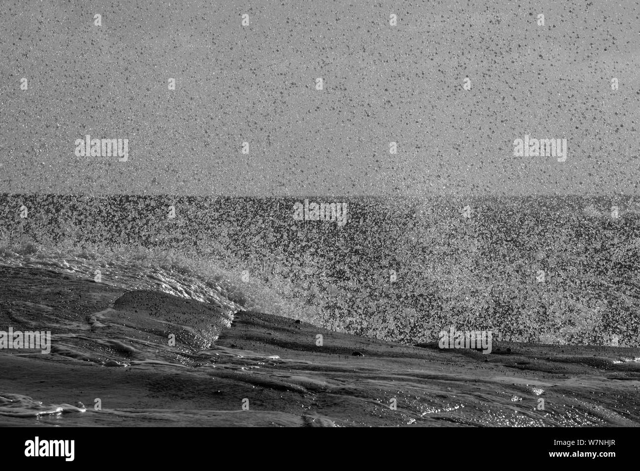 Una immagine in bianco e nero di un onda che si schiantano contro le rocce spray creando una parete d'acqua. Foto Stock