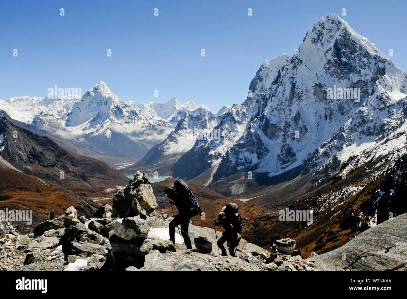 Persone trekking sul Cho La Pass (5.420m), il Parco Nazionale di Sagarmatha (Patrimonio Mondiale UNESCO). Khumbu / Regione Everest, Nepal, Himalaya, Ottobre 2011 Foto Stock