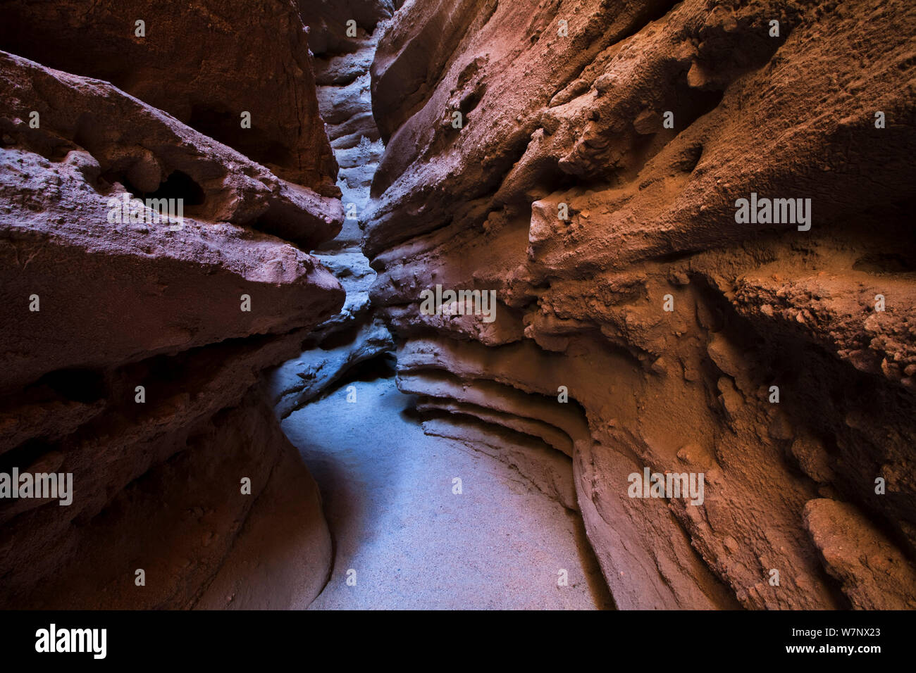 La luce riflessa la creazione di gradienti di colore in un slot di fango canyon in Mecca deserto sulle colline a nord di Salton Sea, CALIFORNIA, STATI UNITI D'AMERICA, Gennaio Foto Stock