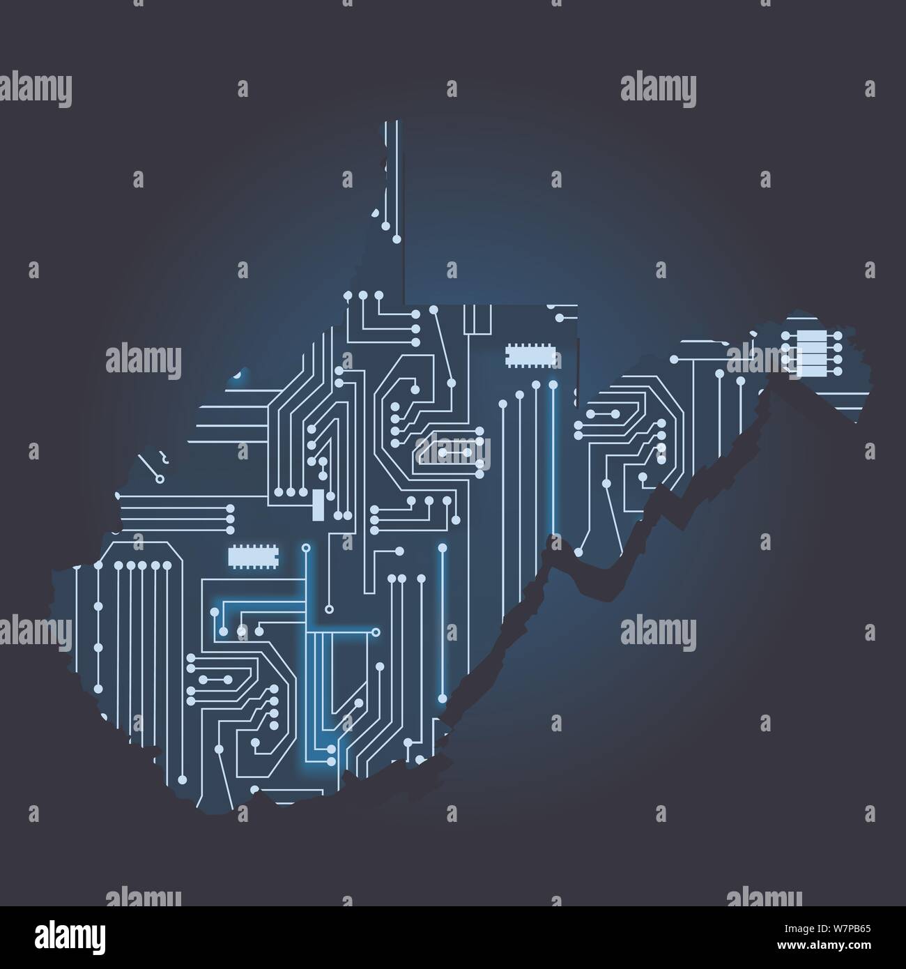 Mappa di contorno di West Virginia con un tecnologico il circuito elettronico. Stati Uniti d'America stato. Sfondo blu. Illustrazione Vettoriale