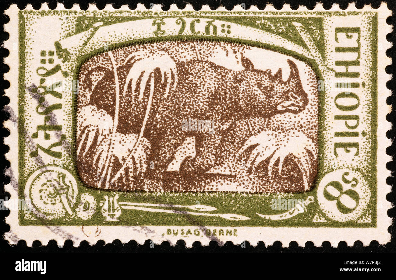 Rinoceronte su vecchi etiope francobollo Foto Stock