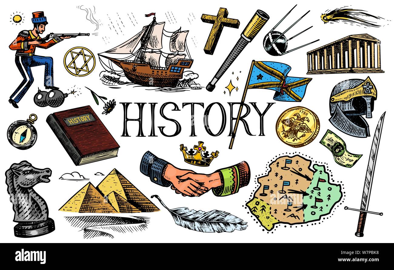 La storia del popolo, scienza e istruzione, la religione e la corsa, scoperte e vecchi simboli antichi. Nave retrò, scacchi e handshake, guerriero e Illustrazione Vettoriale La storia del popolo, scienza e istruzione, la religione e la corsa, scoperte e vecchi simboli antichi. Nave retrò, scacchi e handshake, guerriero e Illustrazione Vettoriale