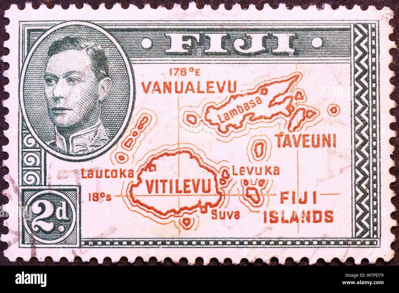 Mappa di Isole Fiji su vecchi francobolli Foto Stock