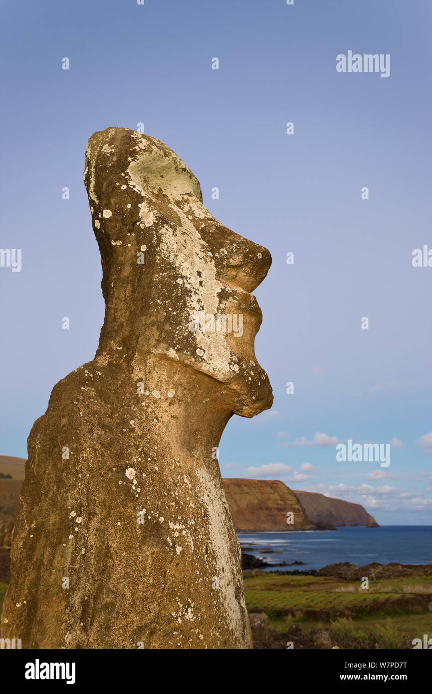 Profilo di un monolitico solitario gigante di pietra Moai statua a Tongariki, Isla de Pascua / Isola di Pasqua, Rapa Nui, Cile 2008 Foto Stock