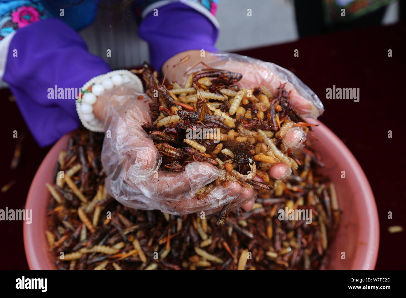 Un concorrente gobbles insetti durante un insetto-eating contest nella città di Lijiang, a sud-ovest della Cina di provincia di Yunnan, 25 giugno 2017. I concorrenti catturati i Foto Stock