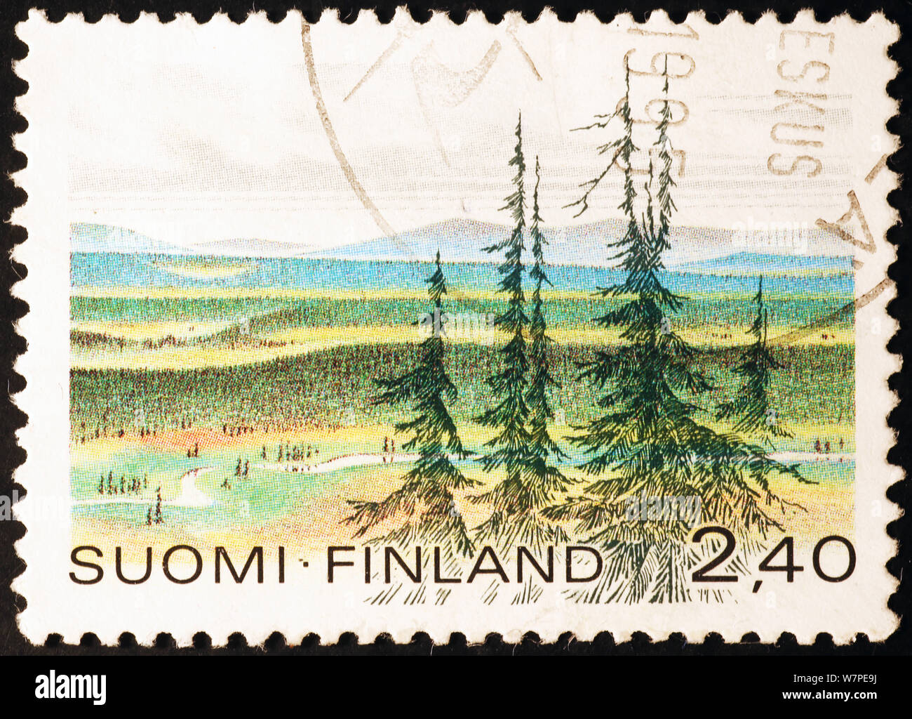 Paesaggio finlandese sul francobollo Foto Stock