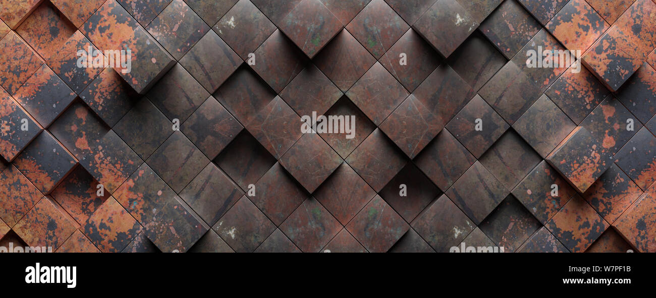 Metallo industriale rusty texture di sfondo, in forma di cubo elementi pattern, banner. 3d illustrazione Foto Stock