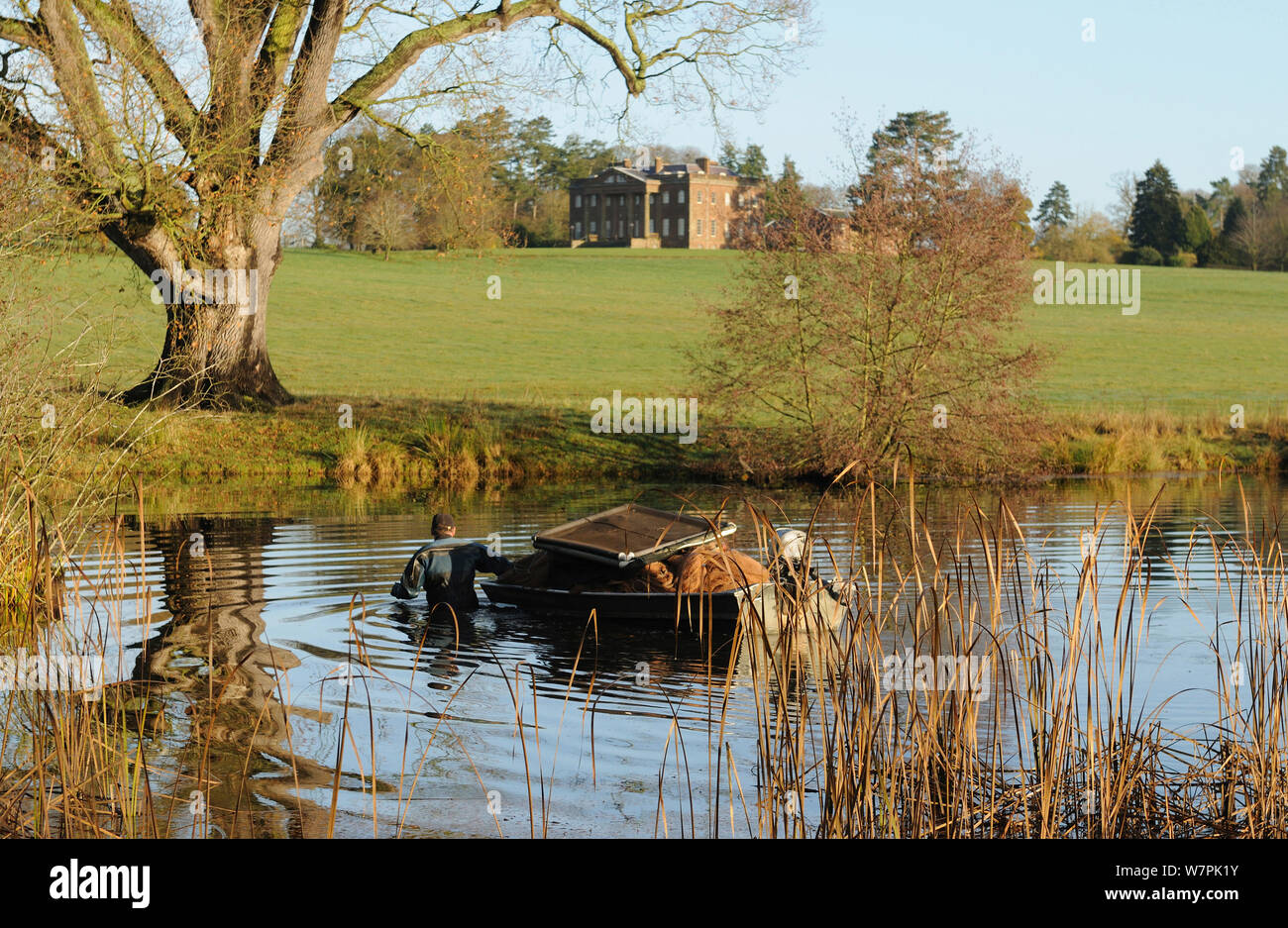 Sondaggio di pesce presso il National Trust Berrington Hall con piscina Ed Brown del forno mulino di trascinamento della pesca barca, Herefordshire, UK Novembre 2012 Foto Stock