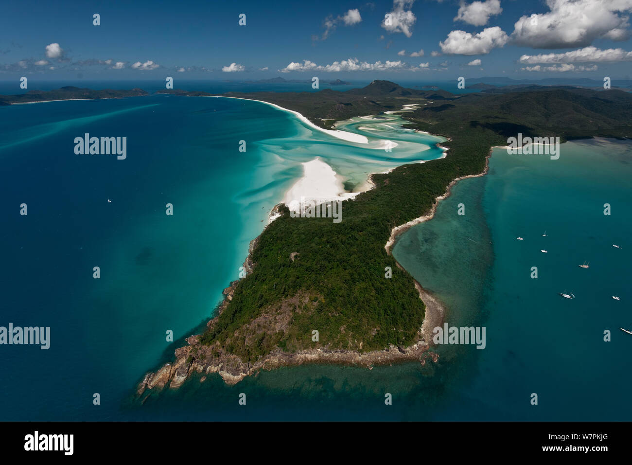 Vista aerea di Whitehaven Beach - un sette chilometri di sabbia bianchissima e mare di corallo, Oceano Pacifico, Agosto 2011 Foto Stock