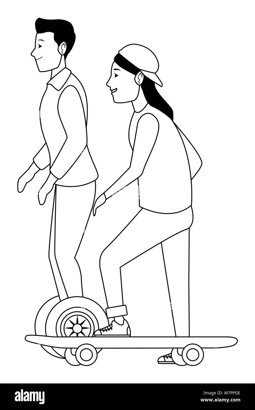 Coppia giovane con lo skateboard e scooter in bianco e nero Illustrazione Vettoriale