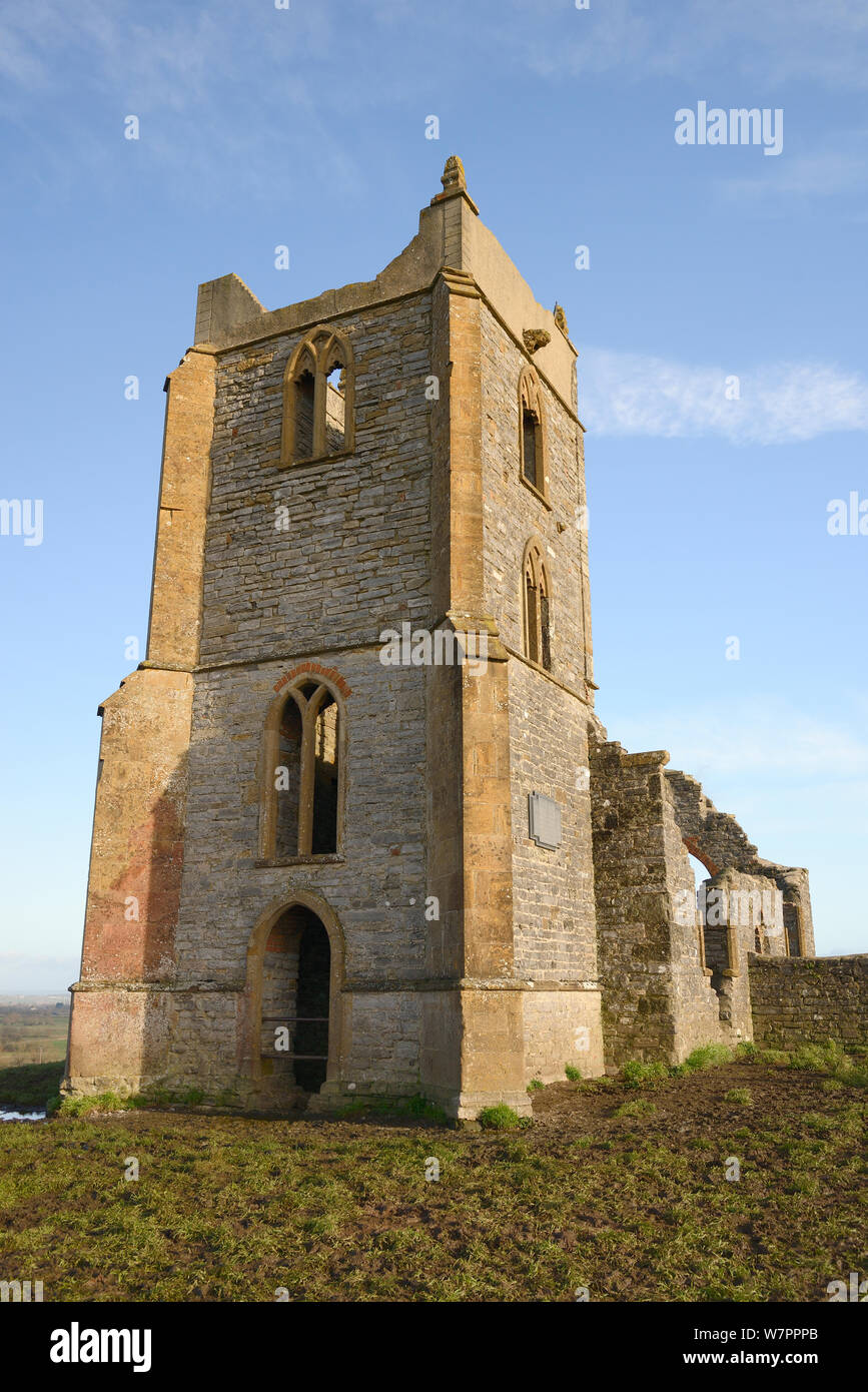 Rovine del xv secolo Chiesa di St. Michael a Barrow Mump hill, Burrowbridge, livelli di Somerset, Regno Unito, Gennaio 2013 Foto Stock