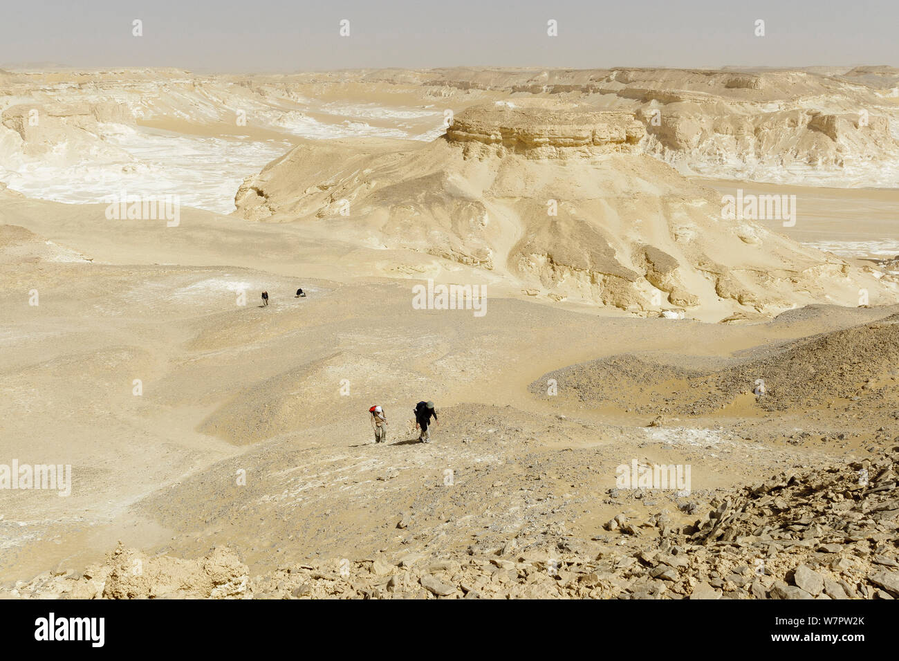 Persone trekking attraverso chalk formazioni rocciose creato da tempeste di sabbia, bianco deserto del Sahara, Egitto, Febbraio 2009 Foto Stock