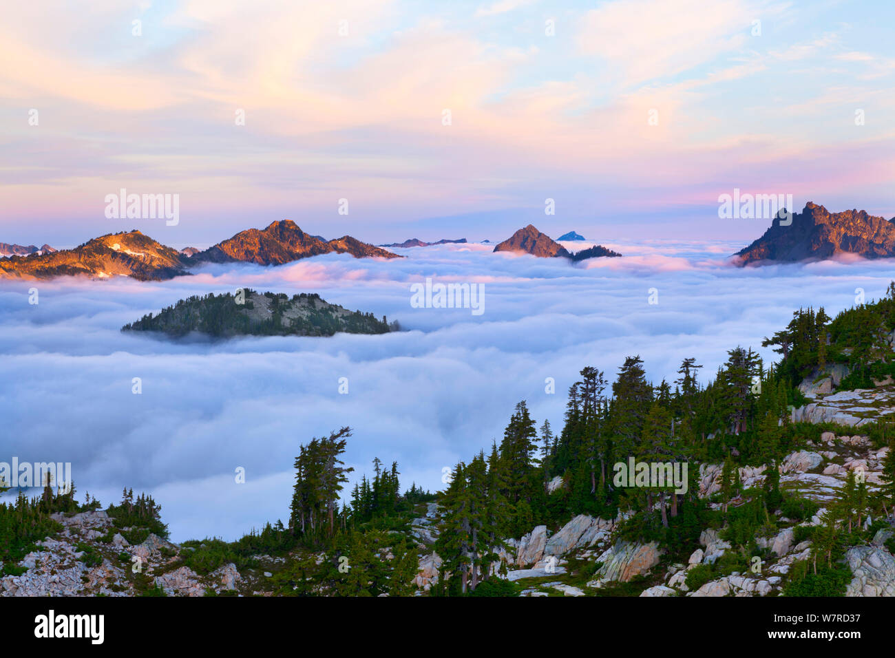 Alba alta in cascate che si affaccia la nebbia riempito valli fluviali al di sotto, Alpine Lakes Wilderness, Washington, USA, Agosto 2012. Foto Stock