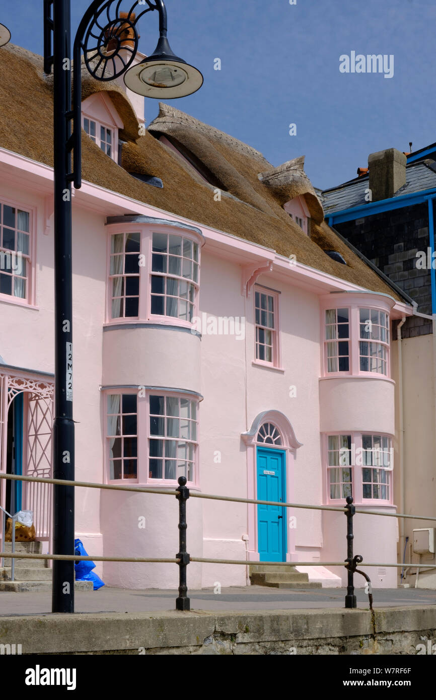 Cottage con il tetto di paglia Lyme Regis Dorset Inghilterra Foto Stock